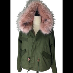 A+K Jacket Parka Women’s Size L Green Pink Removable Faux Fur Lining & Hood
